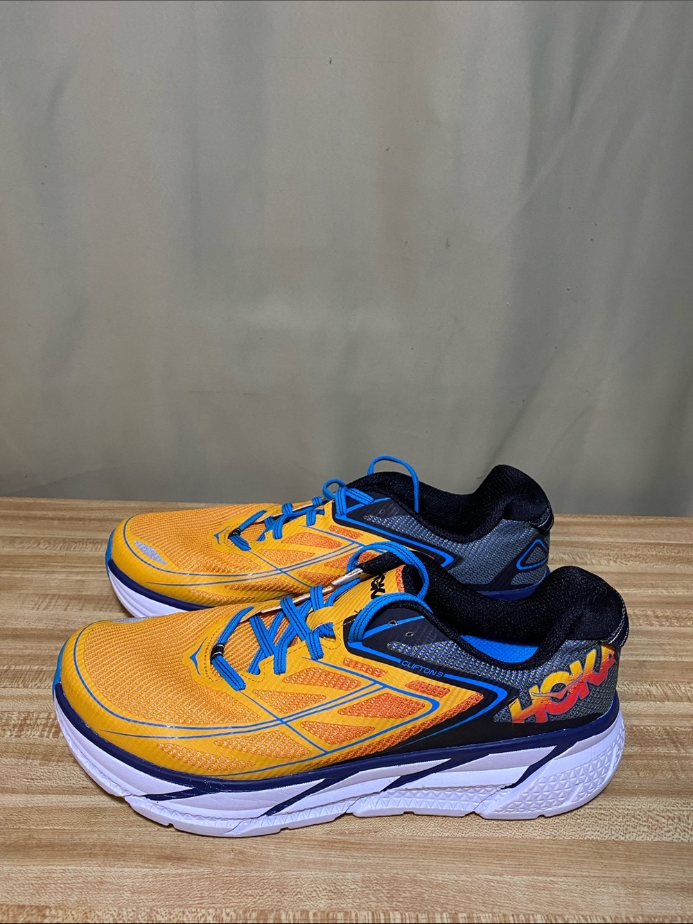 Hoka One One Clifton 3 Orange Blue (Medieval Blue Gold Fusion Running Shoes 11